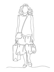 Woman in dress with shopping bag and purse walking. Front view. Continuous line drawing. Black and white vector in line art style.