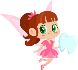 Cute Tooth Fairy Girl Cartoon Character Flying With Tooth