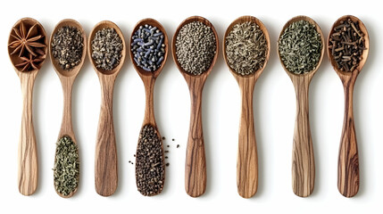 Assorted spices in wooden spoons