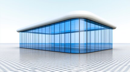 Fototapeta premium Modern glass building with blue windows on a white background with a patterned floor. The building has a smooth, curved roof and is rectangular with