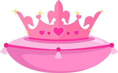 Cartoon Pink Princess Crown On A Pillow. Illustration Flat Design Isolated On Transparent Background