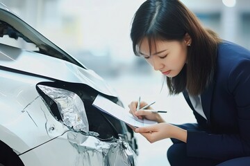 An insurance adjuster carefully inspects vehicle damage, evaluating collision impact and repair costs. This professional assessment scene is ideal for auto insurance claims, accident reports, and risk