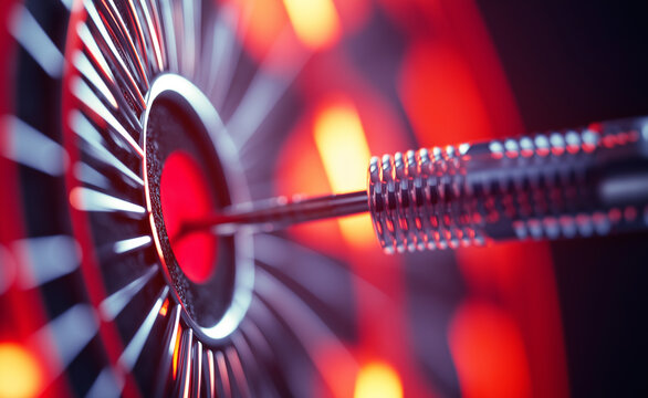 A close-up of a dart perfectly hitting the bullseye on an illuminated dartboard, symbolizing precision and success.