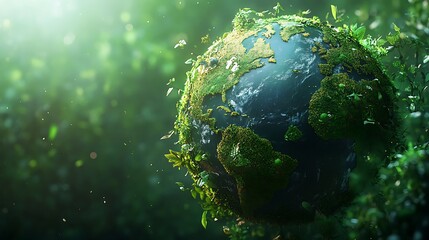 Green Earth surrounded by vibrant foliage and sunlight, symbolizing environmental harmony and sustainability