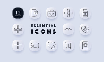 Medical essentials set icon. Online consultation, first aid kit, medical cross, prescription bottle, heartbeat, wellness, emergency care, medication, health monitoring, digital records