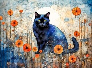 Watercolor Black Cat in Poppy Field