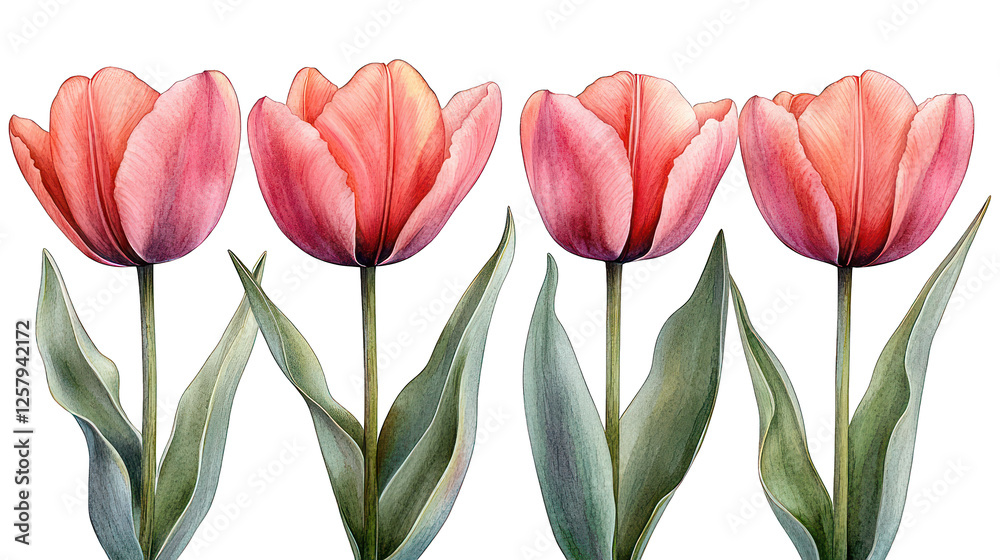 Wall mural pink tulip with leaves isolated on white background