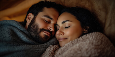 Young couple finds comfort and tranquility as they cuddle together under a warm blanket, their eyes closed in peaceful intimacy, enjoying a moment of shared relaxation and affection