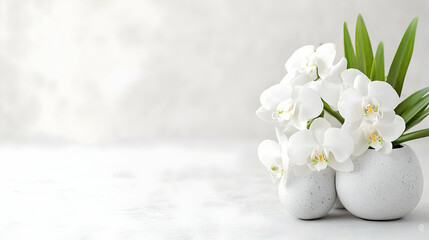 White orchids in modern pots, serene background, spa setting, wellness imagery