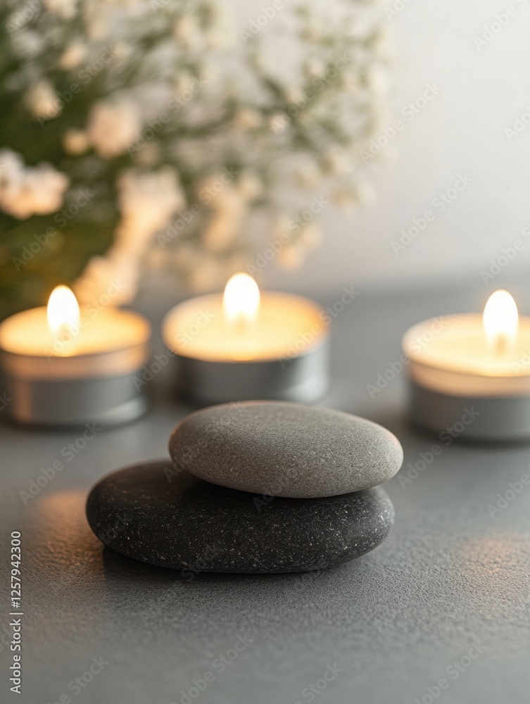 Poster relaxing spa setting with smooth massage stones and lit candles for a calming experience any time of