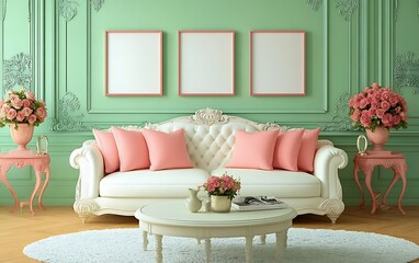 Obraz premium Elegant living room, pastel decor, floral accents, mock-up frames, interior design