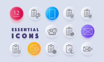 Office and communication set icon. Folder, announcement, secure document, financial record, file tracking, checklist, document review, envelope, email delivery