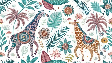 Fototapeta premium Boho Animal Print Summer Background: Macro Photography, Hand Drawn, Floral, Tropical