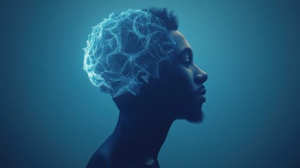 Man profile silhouette with abstract polygonal brain on blue background. Artificial intelligence and brainstorm concept. 3D Rendering.