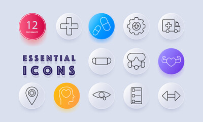Medical assistance set icon. Medical cross, capsules, gear system, ambulance, mask, safety goggles, heart care, eye health, mental well-being, patient tracking