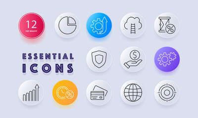 Fototapeta premium Business strategy and analytics set icon. Pie chart, productivity, cloud strategy, investment, financial security, data analysis, growth, protection, payment system, global business