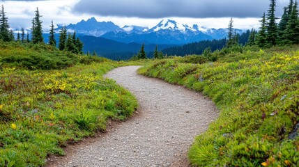 Fototapeta premium A winding gravel path through wildflowers and lush greenery, leading to a backdrop of snow capped mountains under a cloudy sky. The path is dappled