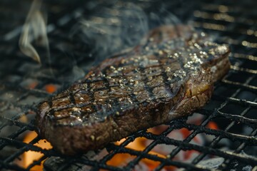 Gourmet grilled steak with vegetables on flaming barbecue. Neural network AI generated