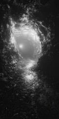 black and white image of a narrow underground tunnel with a mysterious glow at the far end.