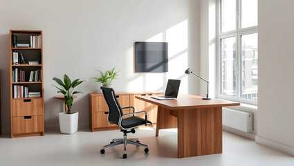 Modern Minimalist Home Office: A sleek and modern home office workspace bathed in natural light, featuring a wooden desk, black office chair, and a bookshelf, inviting productivity and focus. 