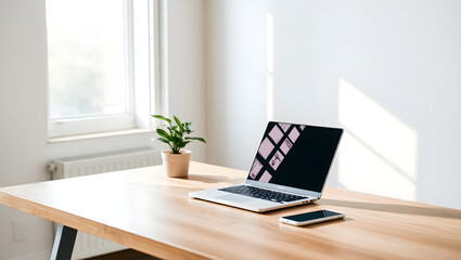 Minimalist Home Office: A laptop and smartphone rest on a light wood desk, bathed in soft natural light streaming through a window, creating a serene and minimalist home office atmosphere.