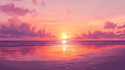 Fototapeta premium Pink sunset over ocean beach; peaceful evening scene