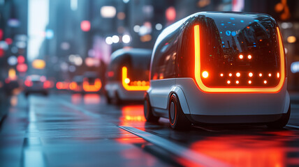 Modern autonomous vehicles with sleek designs and illuminated features drive through vibrant city at night, showcasing advanced technology and urban life