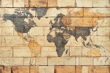 World map illustration printed on brickwork gives vintage impression