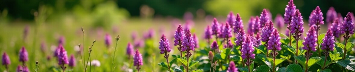 Obraz premium Dense purple Ajuga reptans flowers bloom in sunny summer field, Ajuga reptans, sunny, blooming