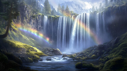 Fototapeta premium Cascading Waterfall with Rainbow Splendor Amidst Lush Forest Landscape