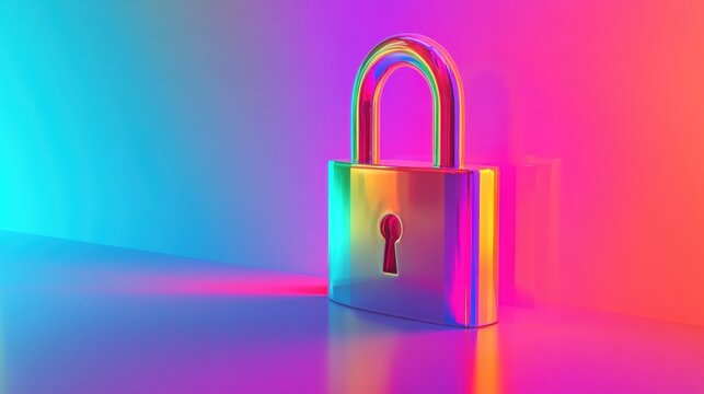 A vibrant 3D illustration of a padlock on a colorful gradient background, symbolizing security and privacy.