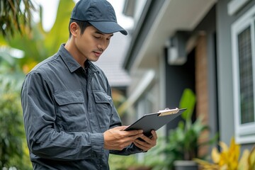 Asian inspector checking structure of new property and taking note in the clipboard for review and fix the house before sell to client