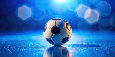 Naklejka premium Close-up tilt-shift photo of a miniature soccer ball, showcasing its detailed texture against a vibrant blue diorama backdrop.