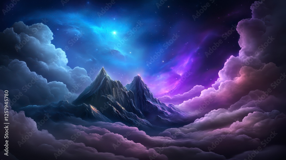 Wall mural Pixelated mountain peaks pierce through vibrant purple and blue night clouds, sparkling with city lights. A bright celestial body shines above