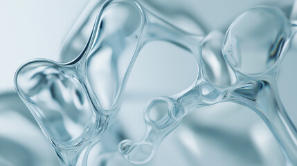 A close-up of transparent liquid shapes forming an abstract molecular structure with a soft blue background.
