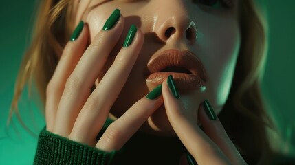 Close-up portrait of a woman showcasing stylish green nails and confident expression.