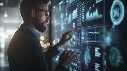 Businessman analyzing data on digital screen, focused on informative visualizations and graphics, modern technology, business intelligence, professional environment