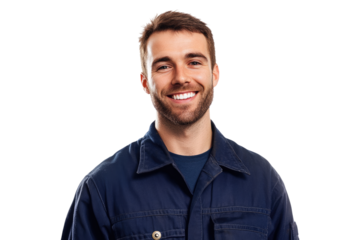 Professional mechanic wearing dark blue coveralls smiling warmly isolated on white or transparent, PNG