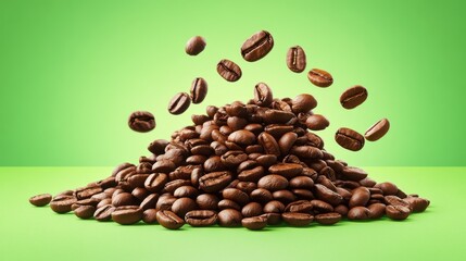 Obraz premium Coffee beans on green backdrop with falling beans on top of a pile