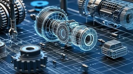 Complex engine part design hologram floating over blueprint being projected in augmented reality, showcasing innovative automotive engineering and futuristic manufacturing process - Powered by Adobe