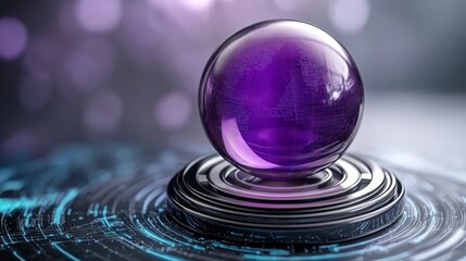 Purple glass sphere resting on a metallic stand against a dark background. Soft light illuminates swirling patterns and reflections on the sphere