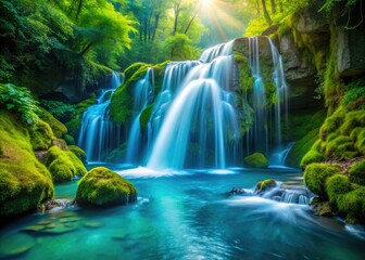 Crystalline turquoise cascades over mossy rocks in a temperate rainforest; a candid capture.
