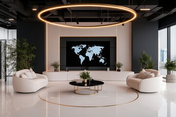 Modern minimalist lounge with white sofas, a world map screen, and a circular light fixture creates a sophisticated and calming atmosphere