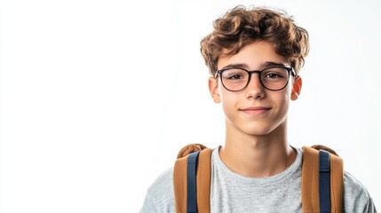 happy teenage boy with backpack and glasses