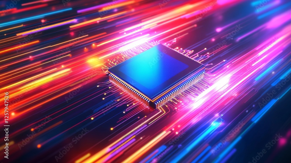 Aufkleber a vibrant illustration of a computer chip surrounded by dynamic, colorful light trails, symbolizing 