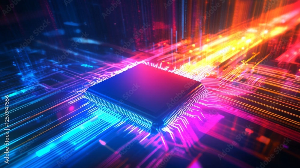 Poster A vibrant, futuristic depiction of a microchip surrounded by dynamic light trails, symbolizing advanced technology and data processing.