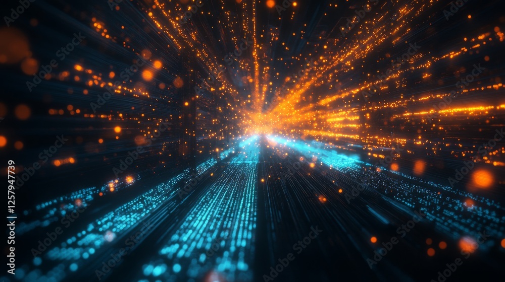 Poster A vibrant digital tunnel of blue and orange particles, illustrating a dynamic flow of data in a futuristic, abstract environment.