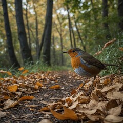 A small robin hopping along a forest path covered in leaves.