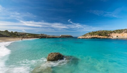 Fototapeta premium playa pariadisaca de arena fina dorada, con aguas cristalinas y cielo azul, concepto de postal de viaje