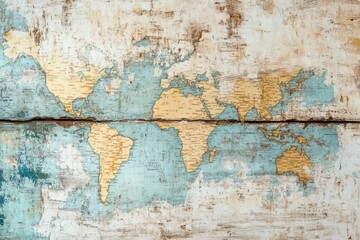 Obraz premium World map printed on aged rustic wood paneling surface